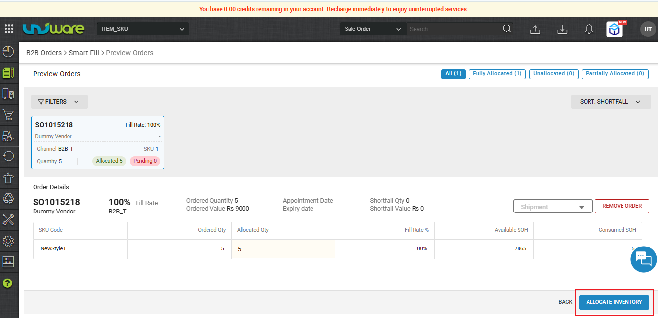 Click on Allocate Inventory