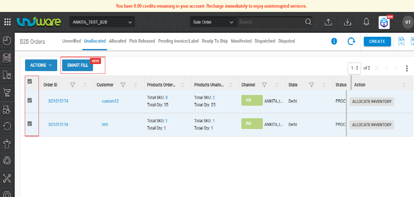 Mark B2B Order & Click on SMART FILL