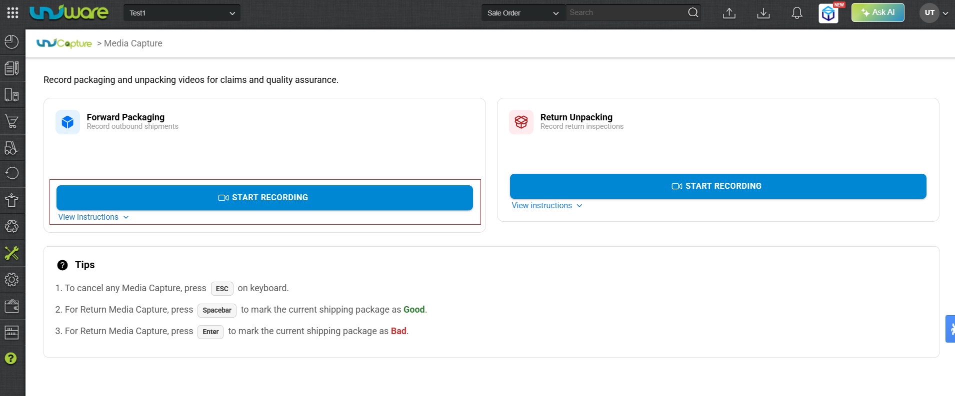 Fig : In Forward Packaging Section , Click START RECORDING
